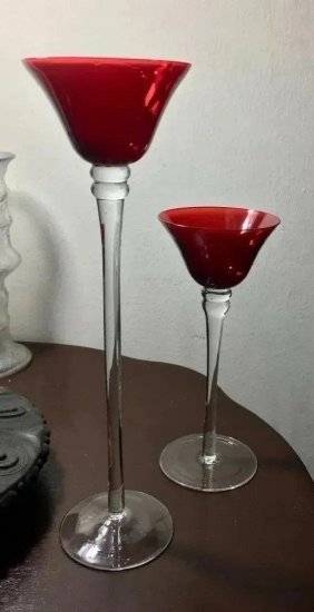 Murano Italy Large Pair Set of 2 Ruby Red Cranberry Glass Decorative Candle Holders Clear Stem 12"