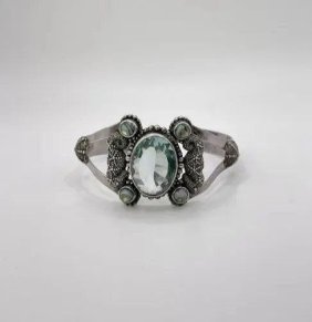 Vintage Style Light Blue Gemstone Sterling Sterling Silver Bangle | 51.4 Grams