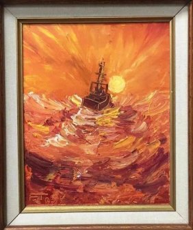 Oil on Canvas Painting Nautical Boat in Storm Ocean Signed E.T.85