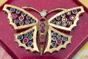 Antique Butterfly Brooch 14K Gold Diamond Rubys