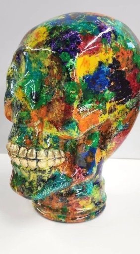 M Nichols Signed Hand Painted Glass Sculpture "Scull"
