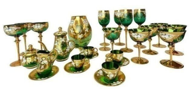 Vintage Czech Bohemia glass Set Hand painted: Czech Bohemia glass Set Hand-painted.4 coffee cups & plates, 1 Creamer(4" inch), 1 sugar cup (3"),1 vase (9"), 1 teapot (6"),3 glasses 7.5", 6 glasses 6" and 4 glasses 9.5". Inventory #RZA