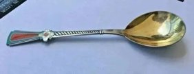 Antique RUSSIAN ENAMEL Sterling SILVER Large SPOON 7"L Gold wash