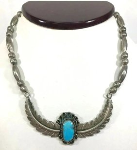 NAVAJO Vintage Silver Sterling Turquoise Stone Oval Link Feather Necklace Hand Made 15"