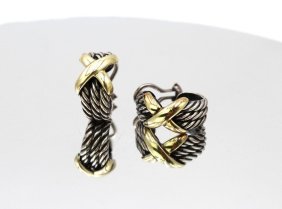 David Yurman Sterling Silver 14k X  and 3 Row Cable Earrings