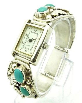 Vintage Navajo Sterling Silver Turquoise Quartz Running Watch Artist L. Yazzie
