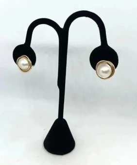 Ladies 14k Gold White Pearl Earrings Omega Back