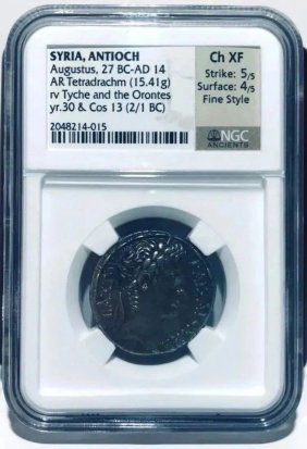 NGC XF Fine Style 5/5 4/5, Augustus 27 BC Syria ANTIOCH Silver 14 AR Tetradrachm