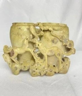 Oriental Vintage Soapstone  twin vases decorated with hunting wolfs