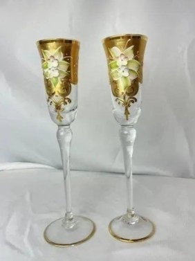 Set of Two Murano Glass Champagne Flutes , hand painted 24K Gold