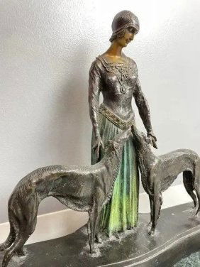 Large Bronze Sculpture of Deco Woman with Dogs After Chiparus