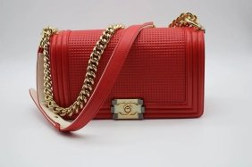 Chanel Red Cube Embossed Leather Boy Bag Medium
