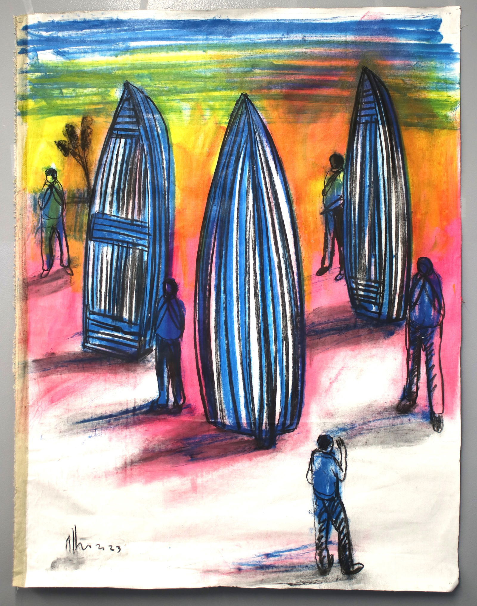 Kcho ( Alexis Levya Machado) Original oil on canvas "Caminantes" ("Hikers") 2023. 148 x 115 cm: Kcho ( Alexis Levya Machado) Original oil on canvas "Hikers". Signed by the artist. Has a COA. Measurments: 148 x 115 cm