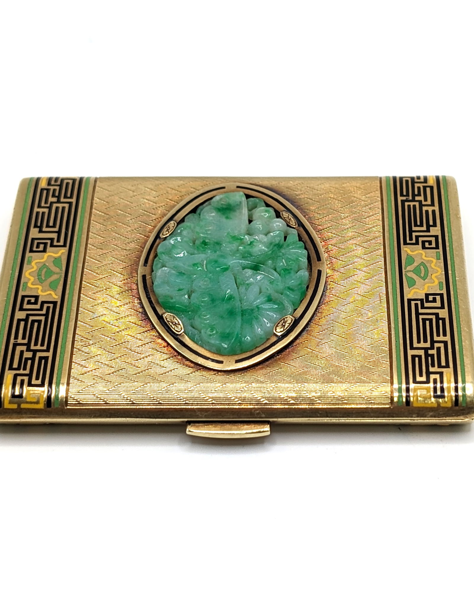 14K Gold Case Enameled carved Jadeit: 14K Gold Enameled Carved Jadeit Case 78.3 gr. 2,6''x3''.