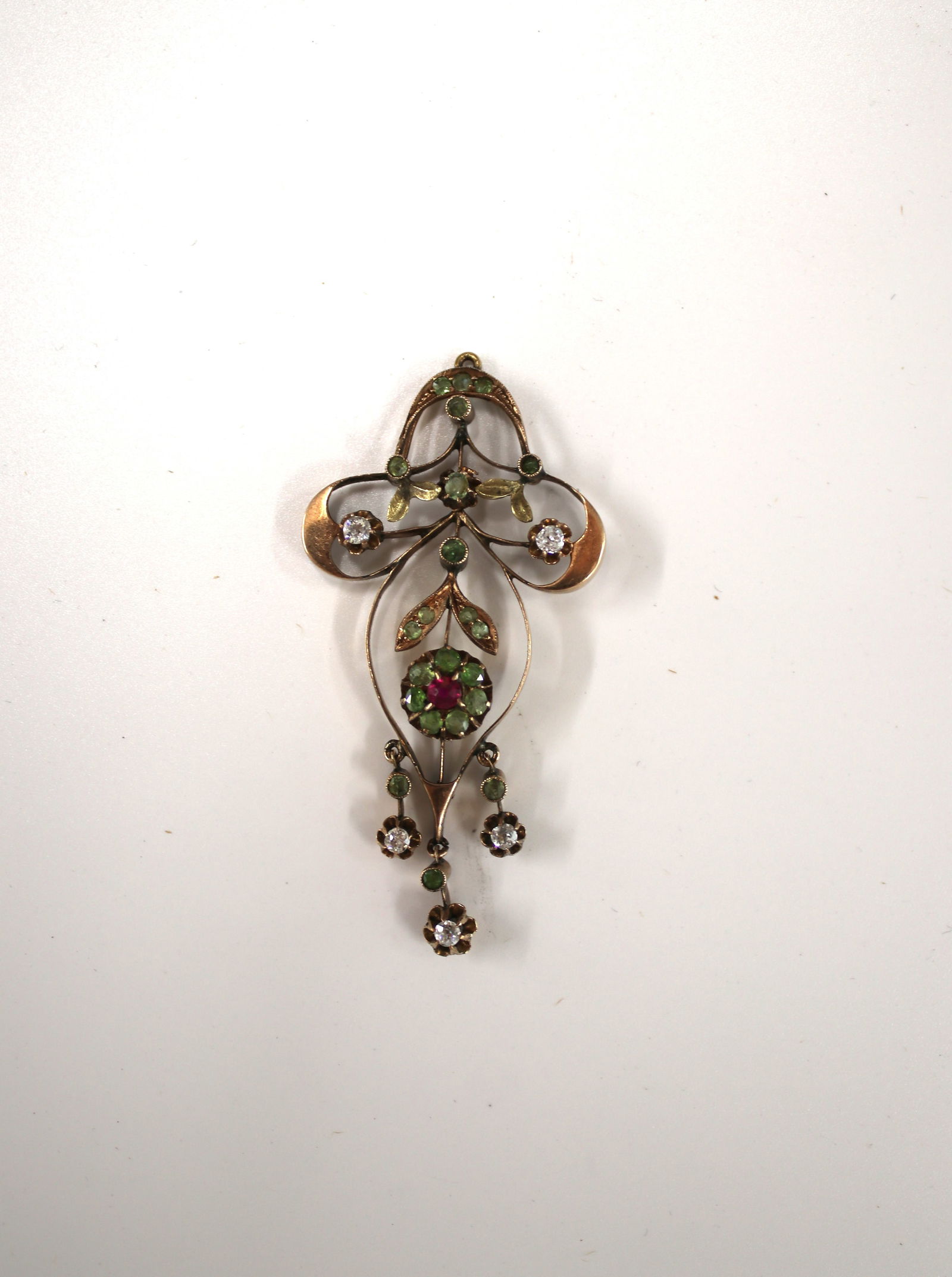 14K Gold Russian Diamond Brooche: Russian Antique Brooche 14K Gold with Diamond, Ruby and Demantoid Garnet, Stamp 56, Makers Marks.