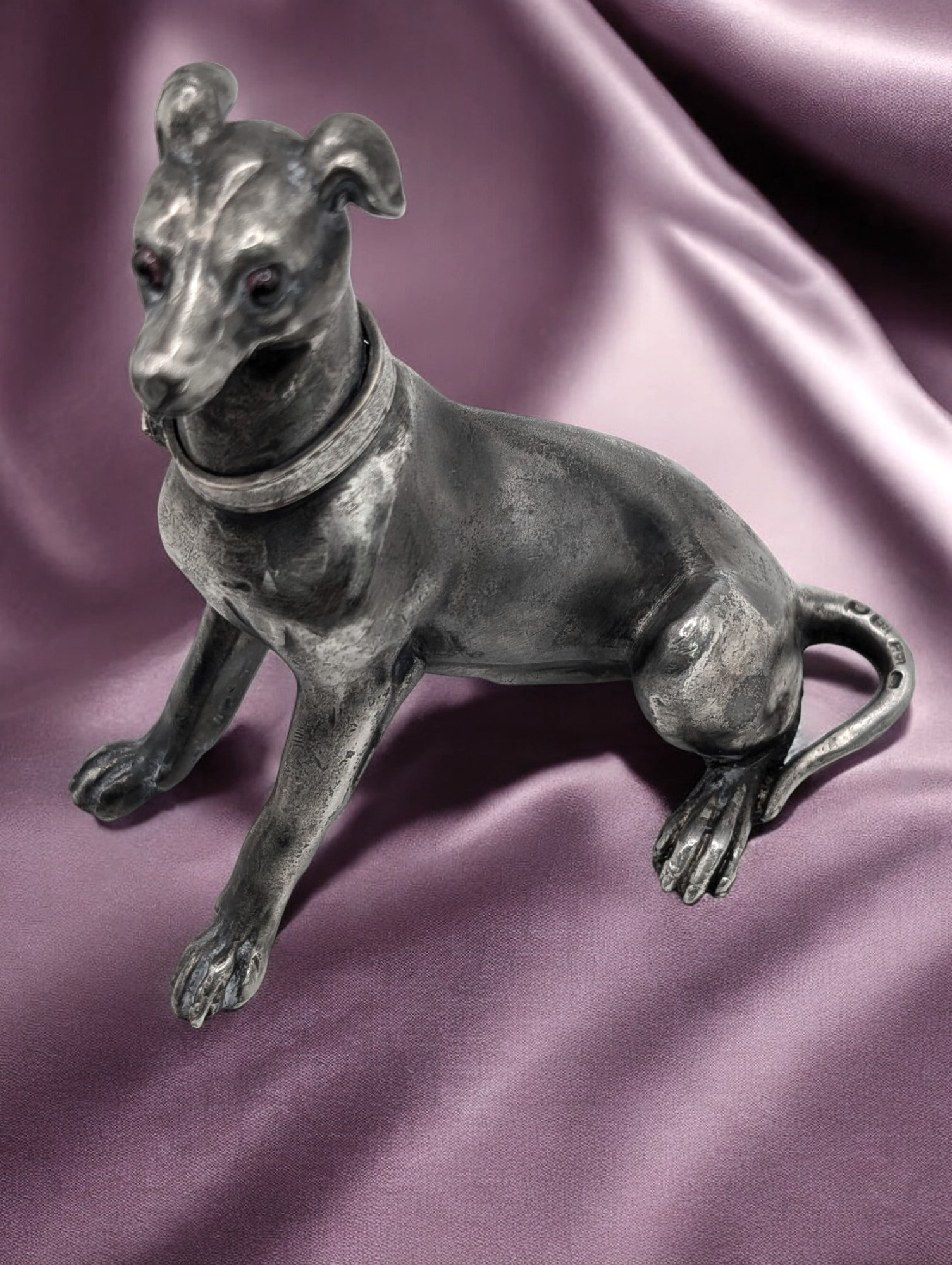 Faberge-style Russian Antique Silver Dog with Diamond and Ruby.: Russian Antique Silver Dog with a Diamond and Ruby. With Makers Mark Size 3x3x1.5". Weight: 126.61 g.Stamped 84, Silver Standard. Box Included