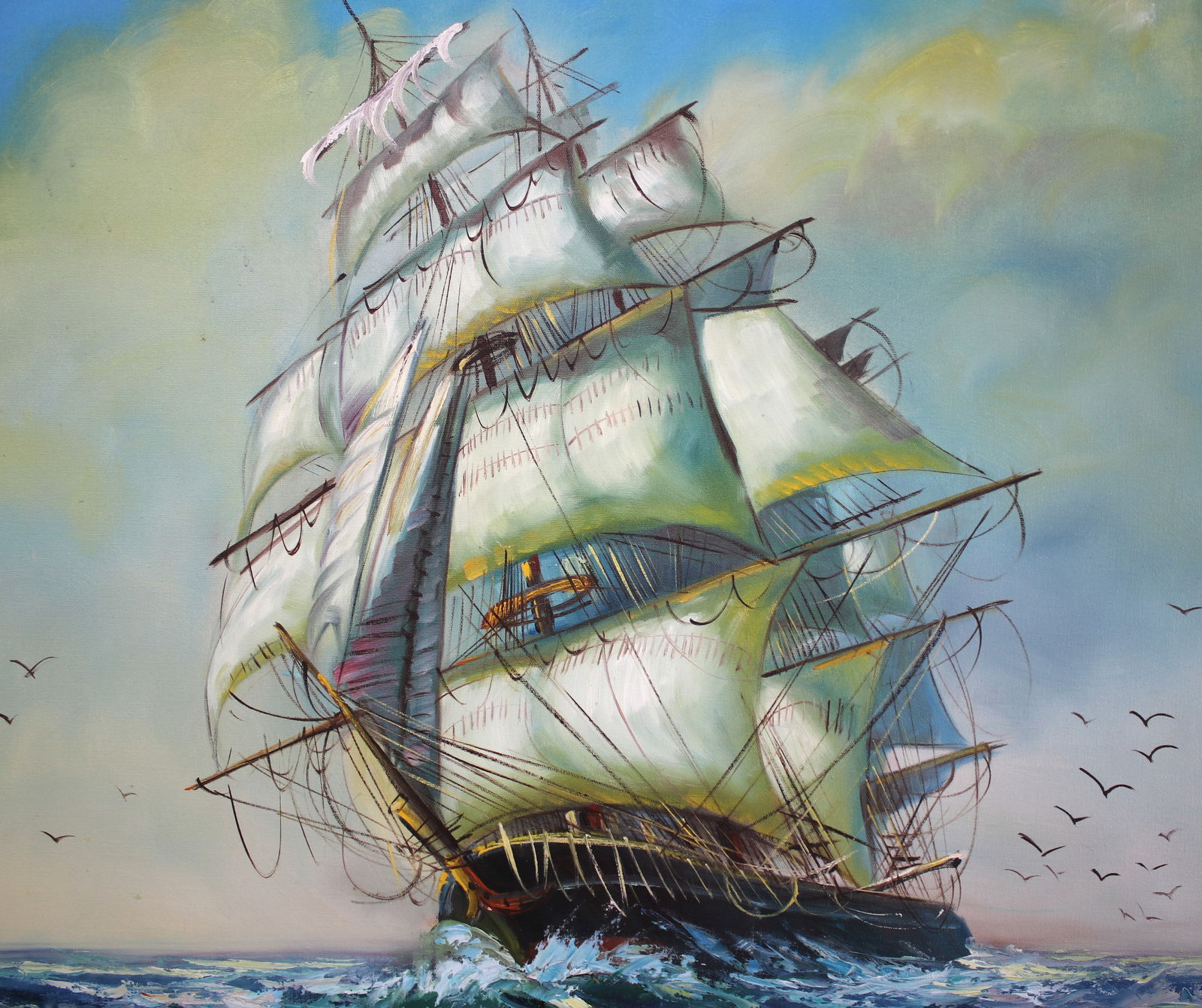 Large Oil On Canvas Battle Ship Maritime Painting. Signed "Johns". (1 of 5)