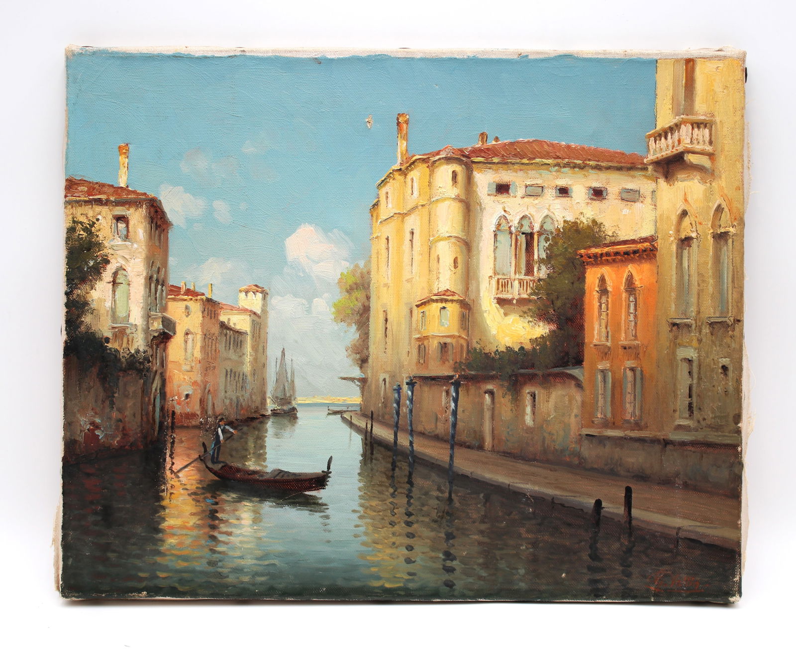 Oil on canvas painting. Side canal in late afternoon sun, Venice. Signed Vallin, 1921 (1 of 5)