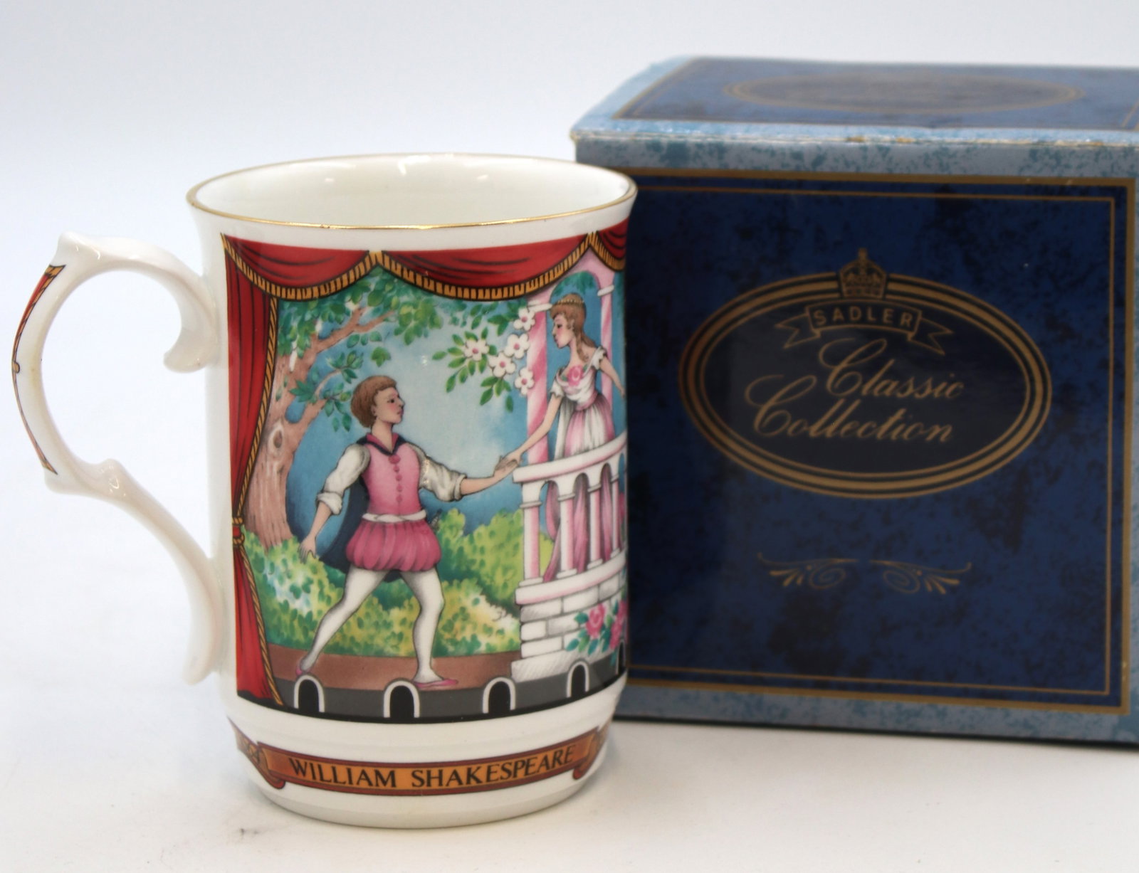 Vintage SADLER "Romeo &Juliet" Coffee mug.: Vintage Coffee Mug "Romeo & Juliet". The mug features a vibrant picture of a scene from William Shakespeare's Romeo and Juliet. Made by Sadler in England. Several lines from the narrative are marked a