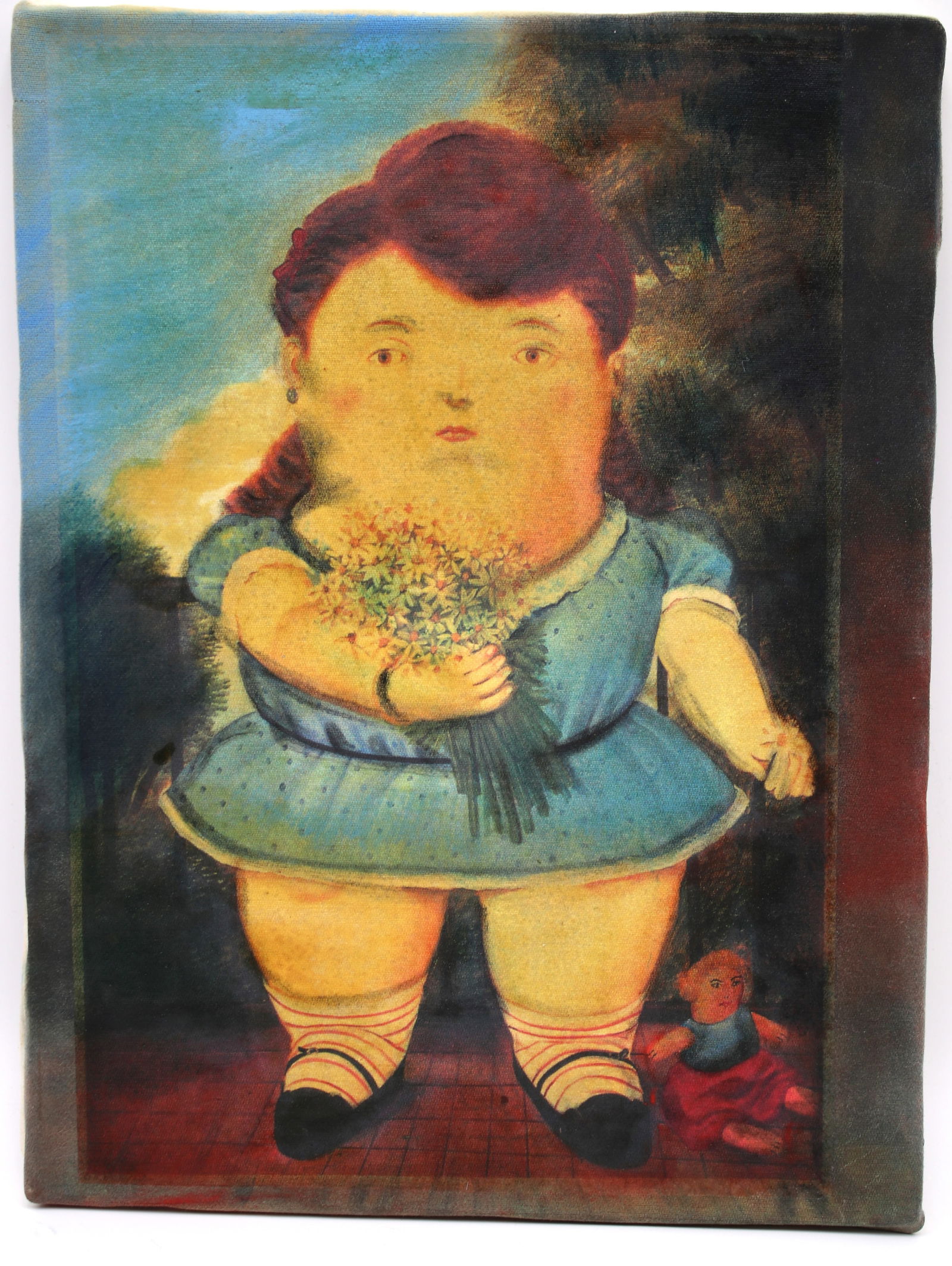 Print on Canvas "Girl with Flowers and Doll" after Fernando Botero: Print on Canvas "Girl with Flowers and Doll" after Fernando Botero. Has colored sides.