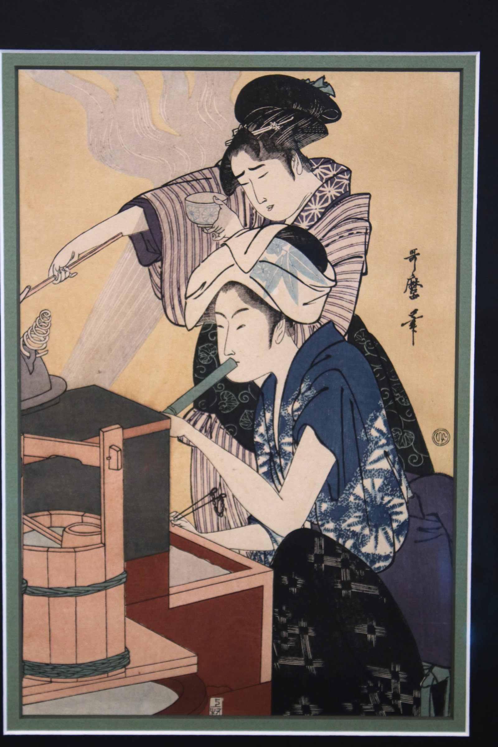 Kitagawa Utamaro "Kitchen Scene". Two women working in the kitchen. 1794-95. Woodblock print.: Kitagawa Utamaro "Kitchen Scene" 1794-95. Two women working in the kitchen, according to register early 20th century edition. Woodblock Print.