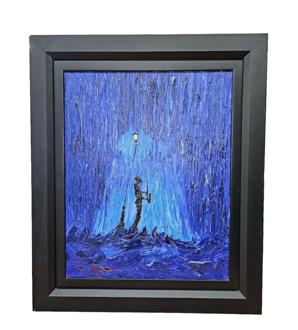 Ricardo Lozano (b.1967,Colombia) Oil On Canvas Painting. Signed. 25.5"x21.4" with frame: Ricardo Lozano (b.1967, Bogota, Colombia) oil on canvas, marked "Blue Summer Rain" March 04, on the rear canvas surface. The painting was done deftly with brushes and lots of paint, which in places st