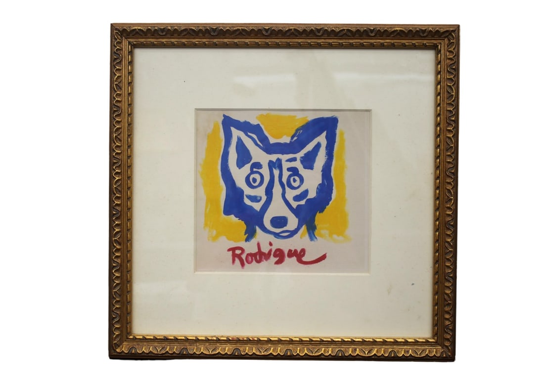 "Blue Dog" Acrylic on Cardboard painting attributed to George Rodrigue (1944-2013). 8''x 8.5'' (1 of 3)