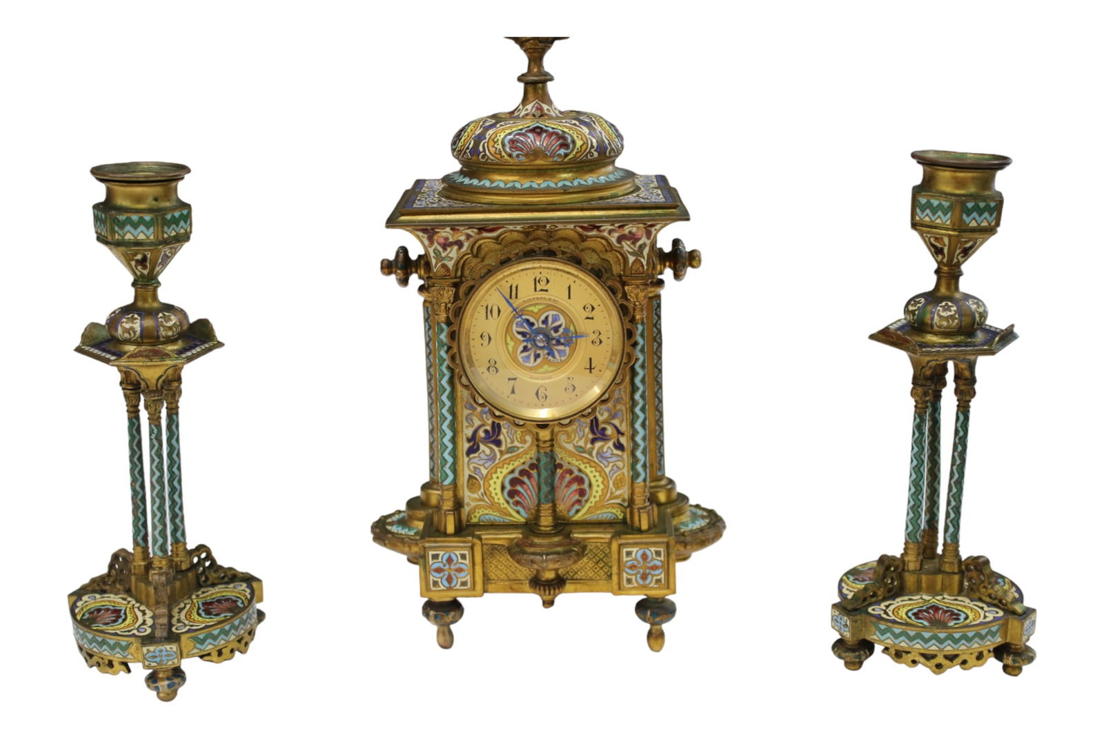 Tiffany & Co. Antique Bronze Enamel Clock Set w/ Candleholders. Made in France. LF 15070. (1 of 17)