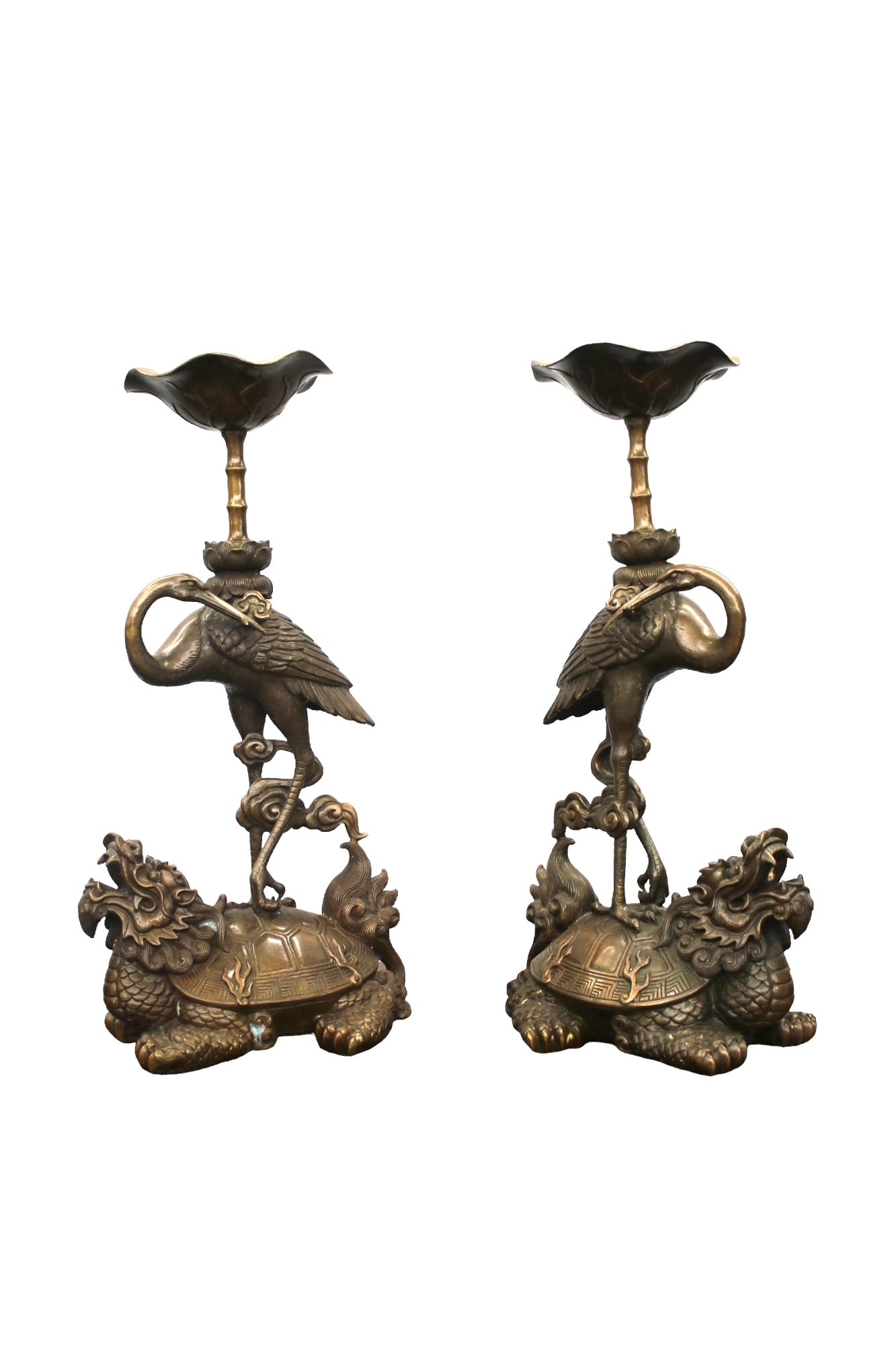 Vintage China brass Bronze dragon turtle crane lotus Candle Holder Candlestick Pair (1 of 9)