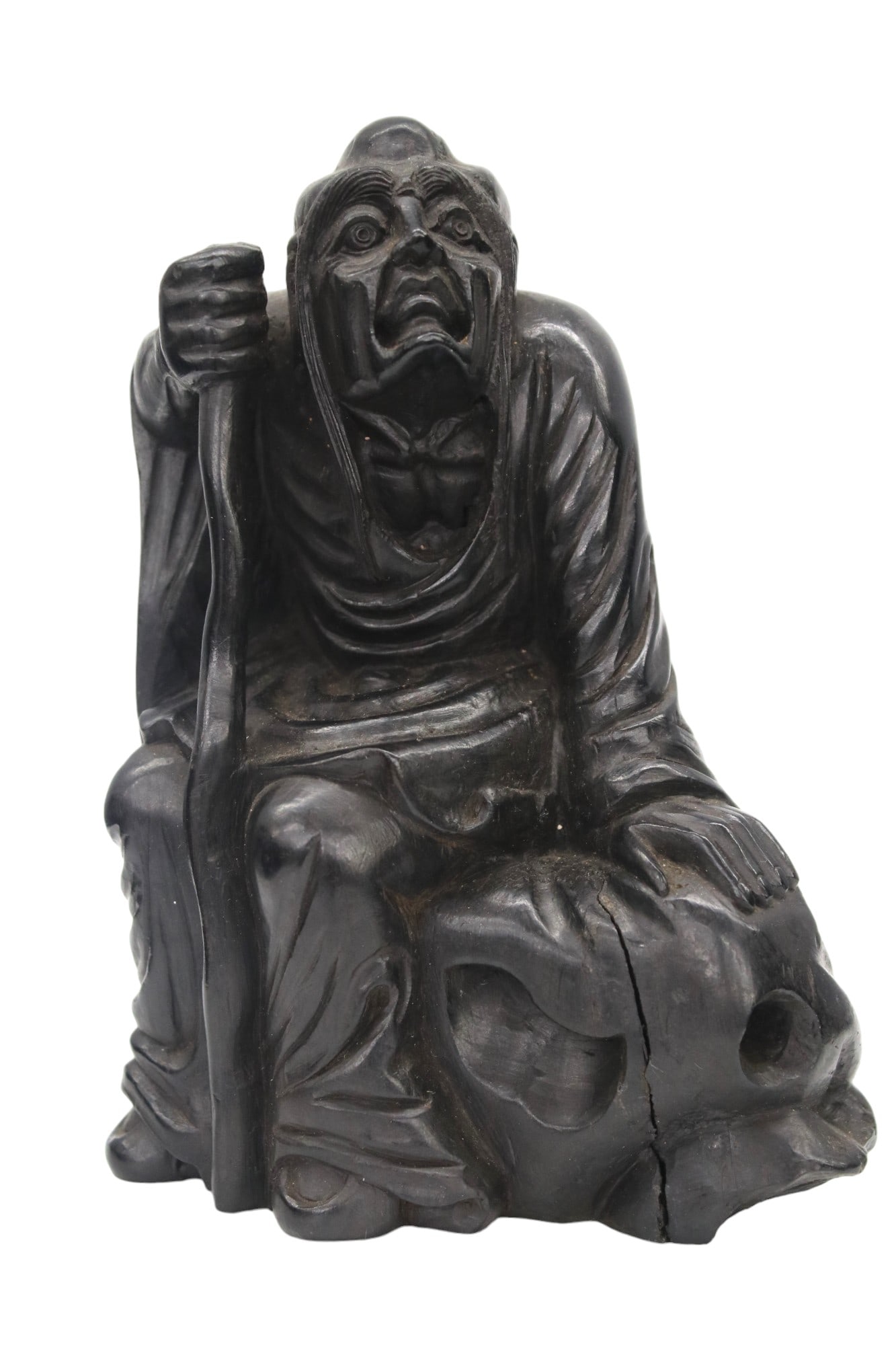 Antique Chinese Carved Sandalwood Figure of a Sitting Man in a Robe 19th century: • Title: Antique Chinese Figure of a Sitting Man in a Robe, Leaning on His Wooden Walking Cane • Description: A finely carved figure of a man in a robe, sitting and leaning on his wooden wal