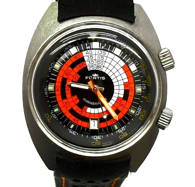 1970s Fortis Marinemaster Tritium Dial Super Compressor Diver's Watch: Title: Original Vintage 1970s Fortis Marinemaster Automatic Diver • Description: This is an authentic vintage 1970s Fortis Marinemaster automatic diver in the classic dual crosshatch crowns Super