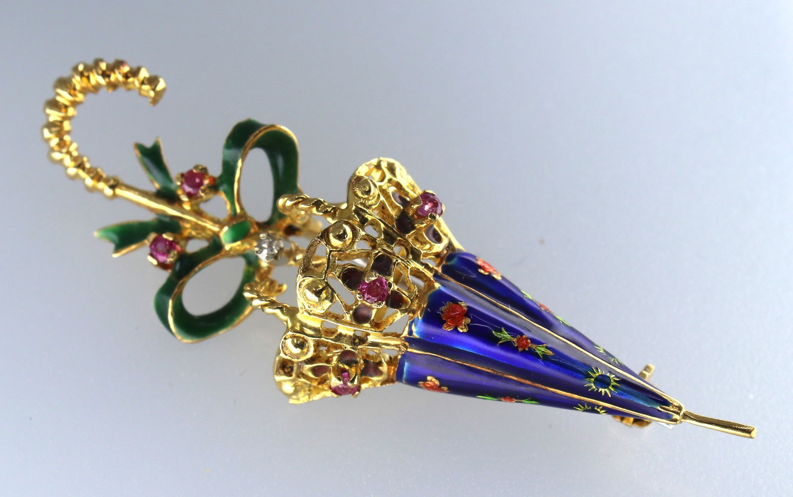 18K ENAMEL UMBRELLA BROOCH WITH RUBIES AND DIAMOND. MADE IN ITALY (1 of 5)