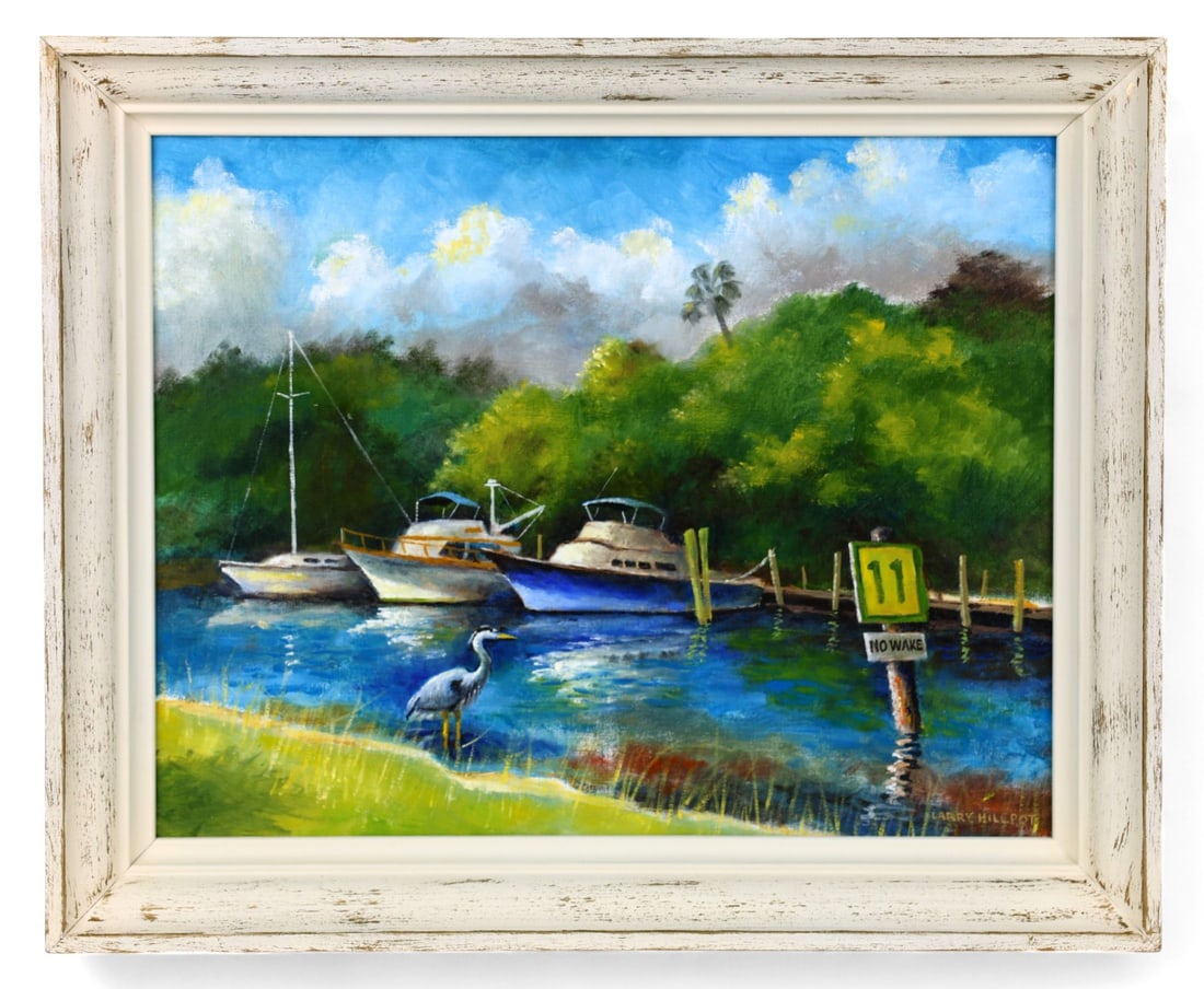 LARRY HILLPOT OIL AND ACRYLIC ON CANVAS PAINITNG: Title: "Boats at the Pier" Description: A scenic painting depicting boats at the pier, capturing a serene moment on the water. This piece by Florida artist Larry Hillpot combines oil and acrylic techn