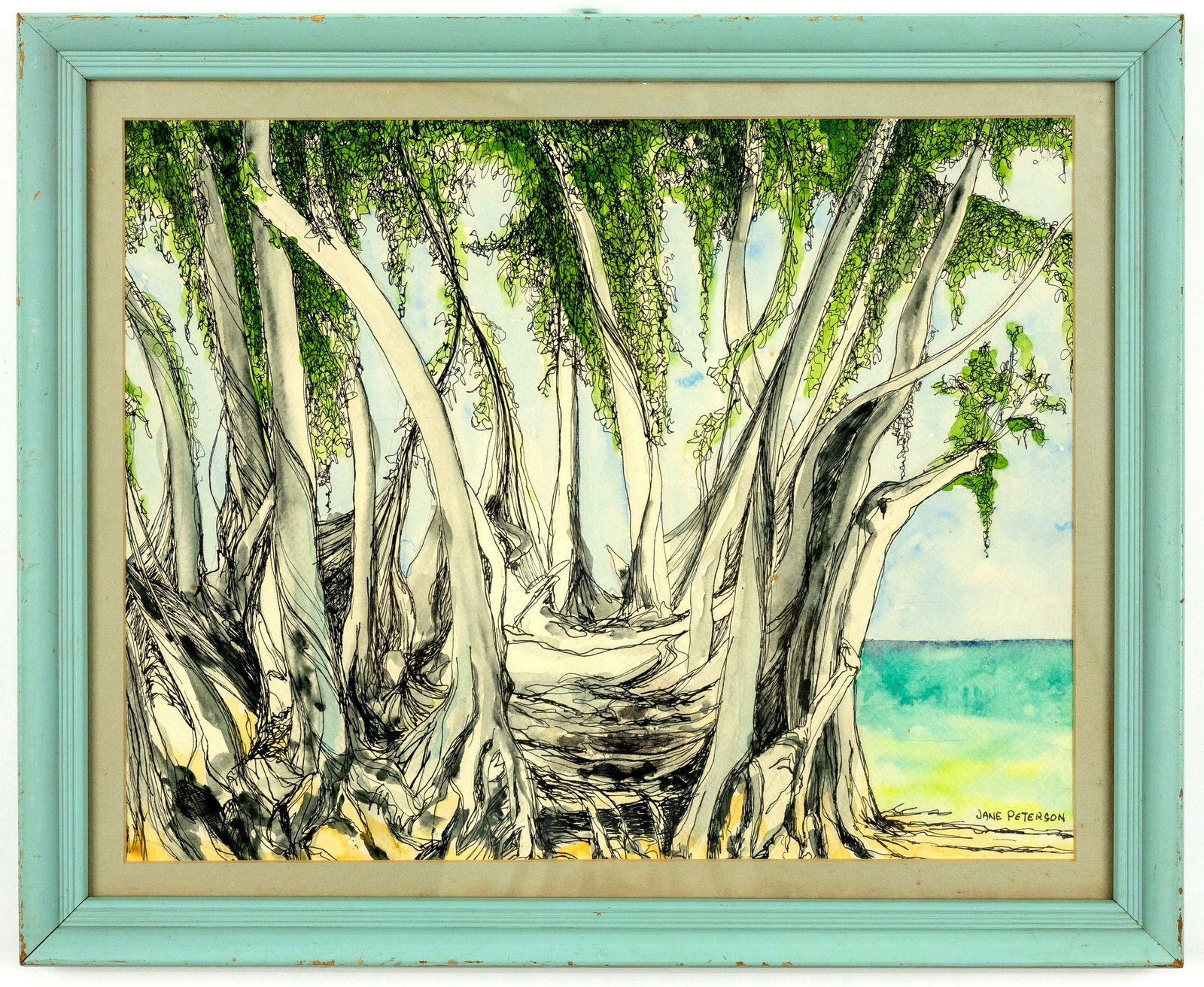 INK WATERCOLOR PAINTING ATTRIBUTED TO JANE PETERSON (1876-1965): Description:Sketched with ink and colored with watercolor, the painitng depicts a scene with a large tree dominating the foreground.the color used are soft and muted. Artist:Jane Peterson (1876-1965)A