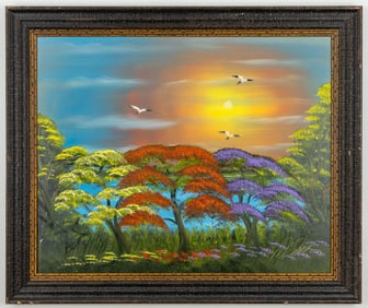 AL BLACK (B. 1947) FLORIDA HIGHWAYMEN OIL ON BOARD PAINTING. SIGNED.