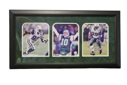 FIELD OF DREAMS MOUNTED MEMORIES FRAMED DISPLAY OF 3 NEW YORK JETS FOOTBALL PLAYERS