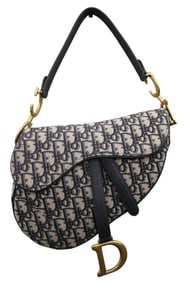 CHRISTIAN DIOR NAVY BLUE OBLIQUE CANVAS AND LEATHER SADDLE BAG