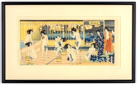 "BATH HOUSE" PRINT ON PAPER PAINTING ATTRIBUTED TO UTAGAWA KUNISADA II (1823-1880)
