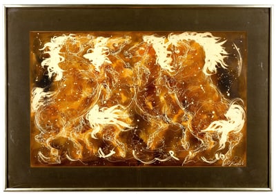 "HORSES" INK AND WATERCOLOR ON PAPER PAINTING ATTRIBUTED TO CHARLES EDWARD BURDICK (AMERICAN