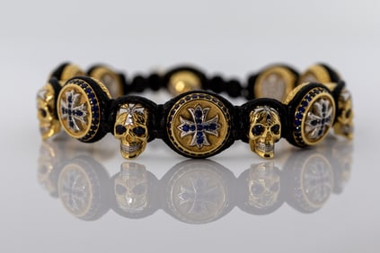 SAINTS RAW 18K WHITE AND YELLOW GOLD SKULLS AND CROSS BRACELET 66.6g
