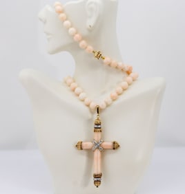 SAINTS RAW CORAL CROSS PENDANT 14K GOLD NECKLACE 27 SI1-I1 DIAMONDS 0.54TCW