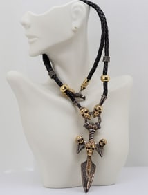 SAINTS RAW STERLING SILVER 925 (60g) AND 18K GOLD(50g) DAGGER PENDANT NECKLACE WITH SAPPHIRES