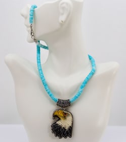 NATIVE AMERICAN TURQUOISE NECKLACE WITH EAGLE PENDANT