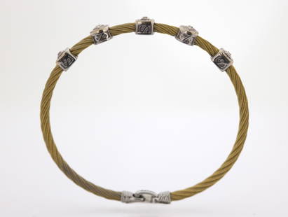 CHARRIOL BRACELET WITH WHITE 18K GOLD AND STEEL: Description:Charriol White Gold Diamond & Golden Steel Cable Station Bracelet Material:Stainless steel | 18k White gold Gemstones:Diamonds Size:7" Weight:11g Condition report: Refer to photos