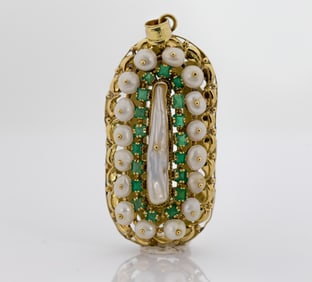 18K GOLD PENDANT WITH PEARLS AND EMERALDS 22.8 GRAM