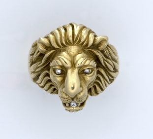 14K VINTAGE BAUMSTEIN FEDER LIONS HEAD RING WITH DIAMONDS 17.4 GRAM