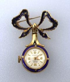 18K HEBE 17 JEWELS INCABLOC ENAMEL SWISS LAPEL WATCH 11.8g