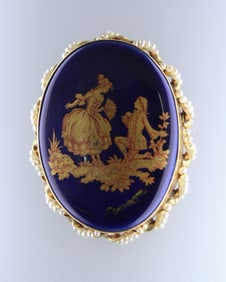 18K VINTAGE ENAMEL CAMCO BROOCH WITH PEARLS