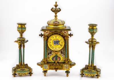 TIFFANY & CO. ANTIQUE BRONZE ENAMEL CLOCK SET WITH CANDLEHOLDERS