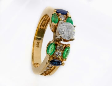 WOMEN'S RING 14K WITH DIAMONDS, EMERALDS AND SAPPHIRES 4.7 gram